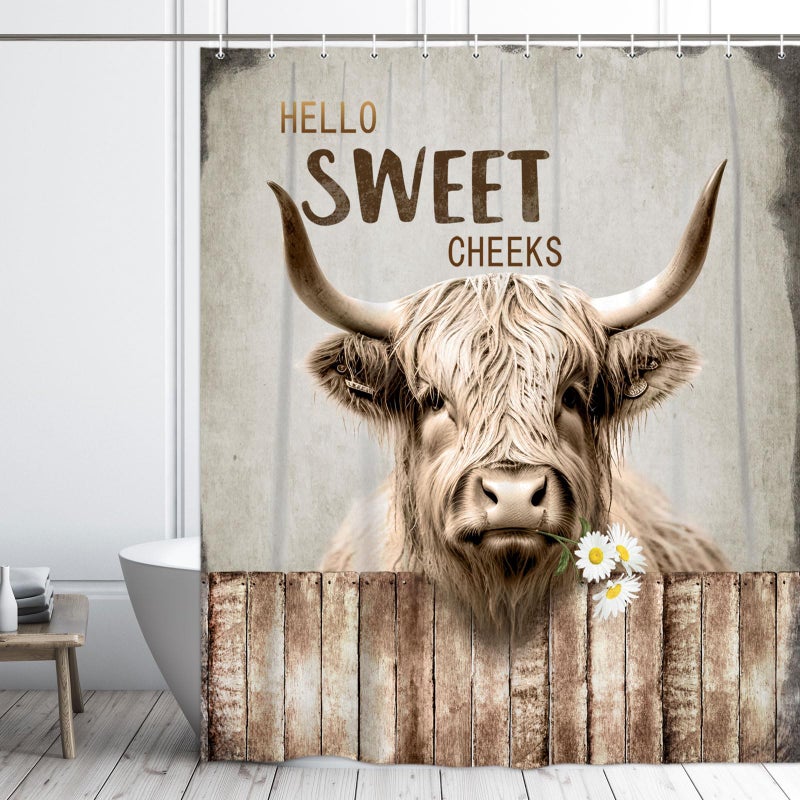 LKFBSC Highland Cattle Cow Bull Shower Curtains Farmhouse Animal Rustic Country Shower Curtain for Bathroom Western West Fabric Shower Curtain Set with Hooks Bath Decoration 72X72inches - Image 3