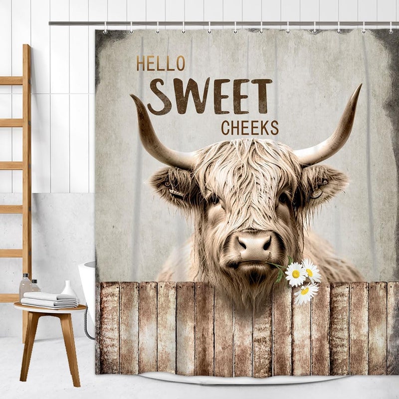 LKFBSC Highland Cattle Cow Bull Shower Curtains Farmhouse Animal Rustic Country Shower Curtain for Bathroom Western West Fabric Shower Curtain Set with Hooks Bath Decoration 72X72inches - Image 4