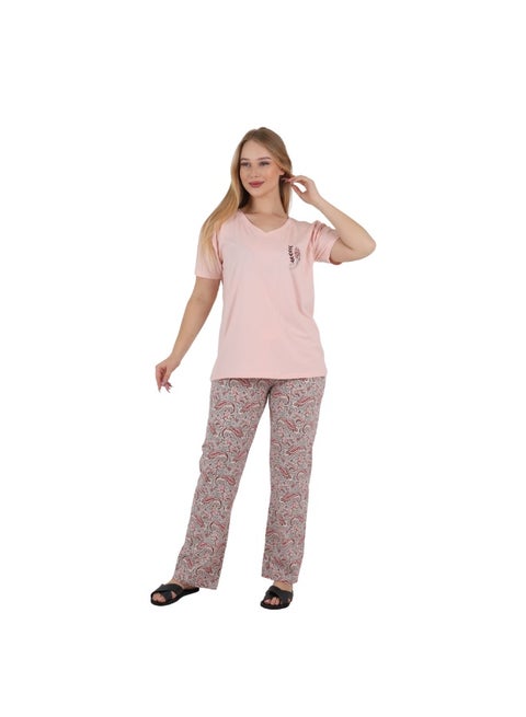 Women's Cotton Pyjama Set - Short Sleeve V-Neck Top & Paisley Pants - Breathable Sleepwear Loungewear - Made in Egypt