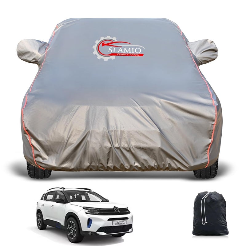 Slamio Heavy-Duty Car Body Cover for Citroen C5 Aircross | Waterproof, Dustproof, UV Protection, Custom Fit, Heavy Belt & Buckle with Mirror & Antenna Pocket | Dark Grey - Image 1
