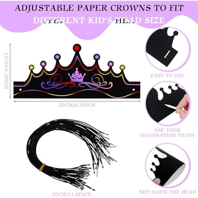 PFUTURE DIY PAPER CROWNS SET, 80 PCS CRAFTS CROWNS WITH RAINBOW COLOR SCRATCH DESIGN. INCLUDES DIY CRAFT SCRATCH CROWN HEADBAND HATS, WOODEN STYLUSES, COLORFUL GEM JEWELS STICKERS FOR BOYS, GIRLS - Image 5