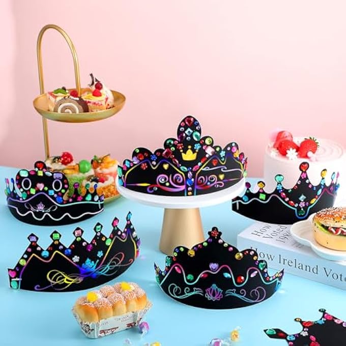PFUTURE DIY PAPER CROWNS SET, 80 PCS CRAFTS CROWNS WITH RAINBOW COLOR SCRATCH DESIGN. INCLUDES DIY CRAFT SCRATCH CROWN HEADBAND HATS, WOODEN STYLUSES, COLORFUL GEM JEWELS STICKERS FOR BOYS, GIRLS - Image 3