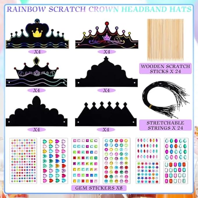 PFUTURE DIY PAPER CROWNS SET, 80 PCS CRAFTS CROWNS WITH RAINBOW COLOR SCRATCH DESIGN. INCLUDES DIY CRAFT SCRATCH CROWN HEADBAND HATS, WOODEN STYLUSES, COLORFUL GEM JEWELS STICKERS FOR BOYS, GIRLS - Image 4