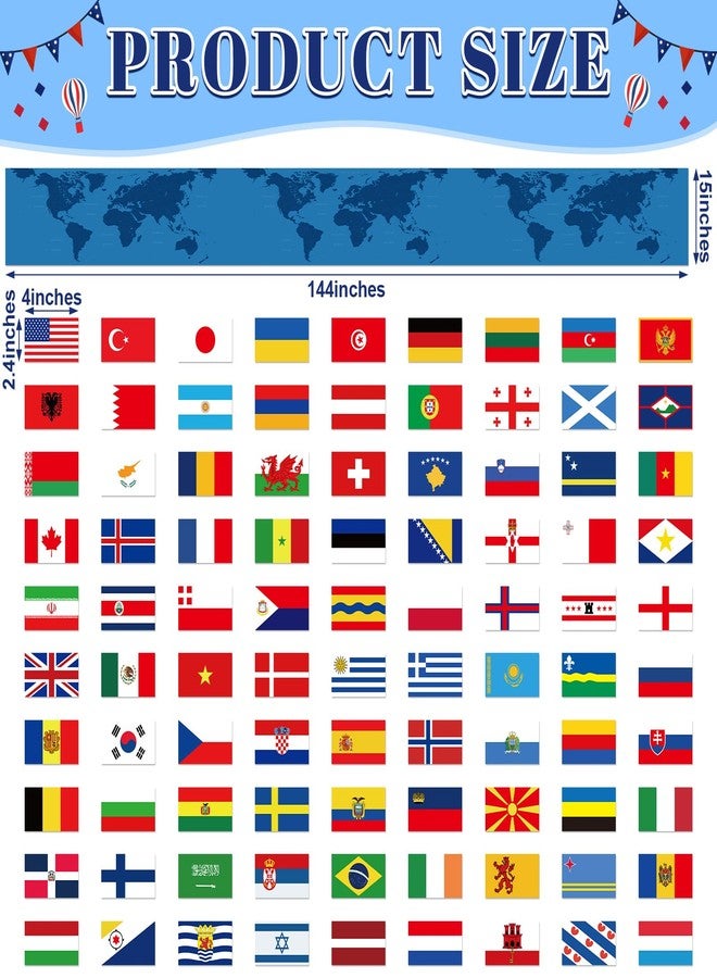 Leinuosen International Flag Banner 144 x 15 inch World Map Banner with 90 Countries String Flag National Decoration Set for School Classroom Sports Club Birthday Party Supplies Decor(World Map) - Image 2