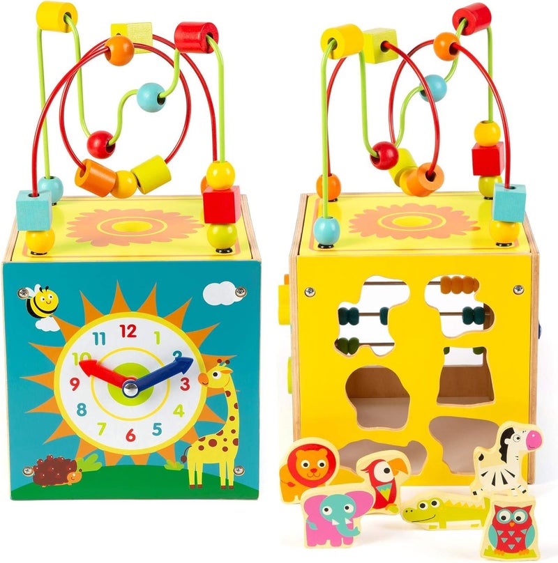 Boppi 5-In-1 Large Wooden Activity Cube | 2-Way Bead Maze Roller Coaster Sensory Baby Toy with Abacus Clock Animal Shape Sorter & Slider | Multifunction Educational Toys Play Box 2 Years and Up - Image 3