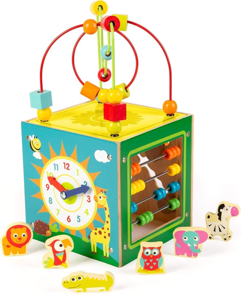 Boppi 5-In-1 Large Wooden Activity Cube | 2-Way Bead Maze Roller Coaster Sensory Baby Toy with Abacus Clock Animal Shape Sorter & Slider | Multifunction Educational Toys Play Box 2 Years and Up - Image 5
