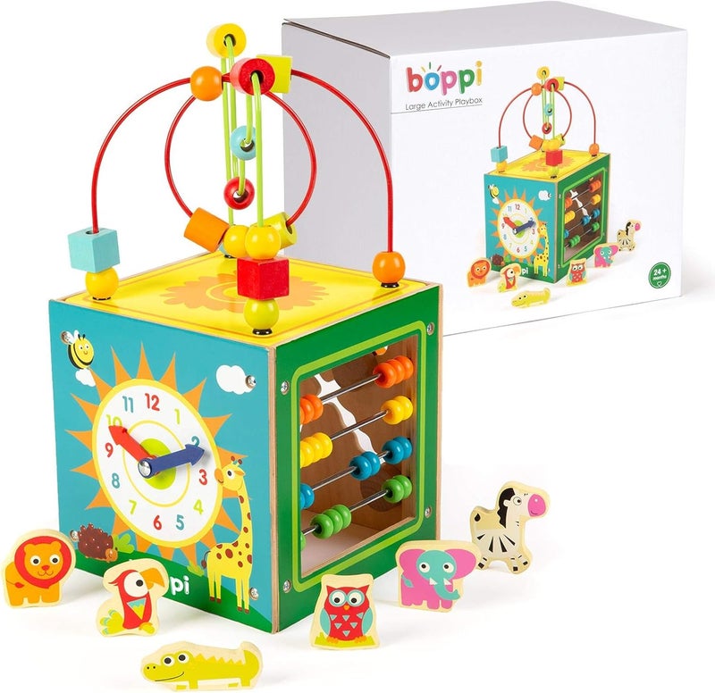Boppi 5-In-1 Large Wooden Activity Cube | 2-Way Bead Maze Roller Coaster Sensory Baby Toy with Abacus Clock Animal Shape Sorter & Slider | Multifunction Educational Toys Play Box 2 Years and Up - Image 1
