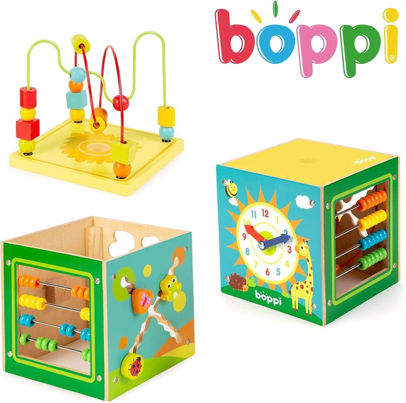 Boppi 5-In-1 Large Wooden Activity Cube | 2-Way Bead Maze Roller Coaster Sensory Baby Toy with Abacus Clock Animal Shape Sorter & Slider | Multifunction Educational Toys Play Box 2 Years and Up - Image 2