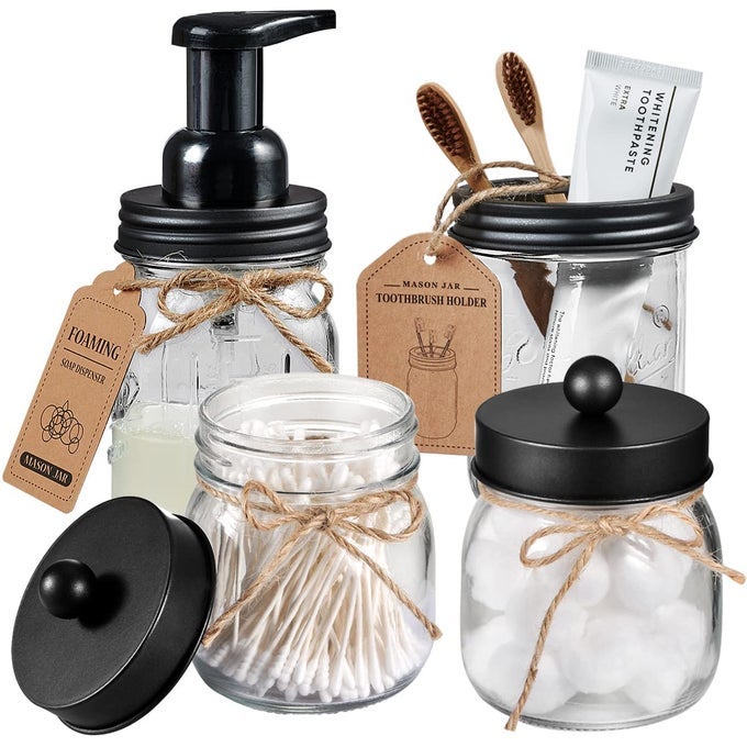 MASON JAR BATHROOM ACCESSORIES SET 4 PACK FOAMING SOAP DISPENSER2 QTIP HOLDERSTOOTHBRUSH HOLDERRUSTIC FARMHOUSE DECOR BATHROOM ORGANIZER APOTHECARY JAR COUNTRY COUNTERTOP BLACK