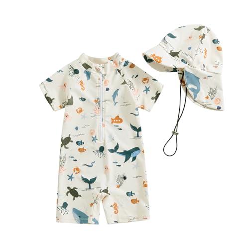 Socutebabe Toddler Infant Baby Boys Girl Swimsuit Kids Rash Guard One Piece Newborn Zipper Bathing Suit Swimwear with Hat (df-Beige,0-3 Months) - Image 1