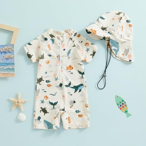 Socutebabe Toddler Infant Baby Boys Girl Swimsuit Kids Rash Guard One Piece Newborn Zipper Bathing Suit Swimwear with Hat (df-Beige,0-3 Months) - Image 2