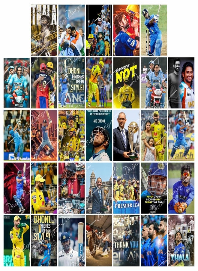 DivineDesigns Pack of 33 MS Dhoni Wall Collage Kit Posters | Posters for Wall Decoration | Wall Art For Bedroom, Office, Living room, (6 inch X 4 inch) Set of 33 MS Dhoni Prints - Image 1