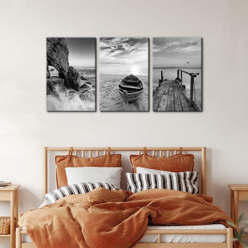 Pacimo 3 Panels Set Framed Canvas Wall Art Print for Seascape Beach and Boat Sunrise Scenery Black and White Giclee Canvas Print Modern Artwork for Wall Decor Ready to Hang - 16"x24"x3 Panels - Image 4
