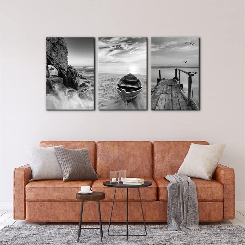 Pacimo 3 Panels Set Framed Canvas Wall Art Print for Seascape Beach and Boat Sunrise Scenery Black and White Giclee Canvas Print Modern Artwork for Wall Decor Ready to Hang - 16"x24"x3 Panels - Image 3