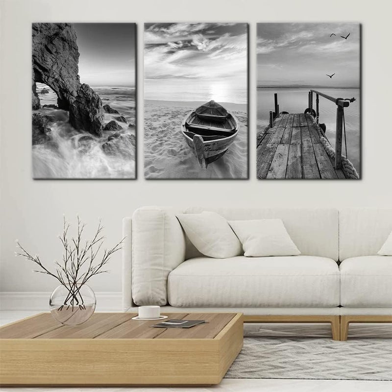 Pacimo 3 Panels Set Framed Canvas Wall Art Print for Seascape Beach and Boat Sunrise Scenery Black and White Giclee Canvas Print Modern Artwork for Wall Decor Ready to Hang - 16"x24"x3 Panels - Image 2