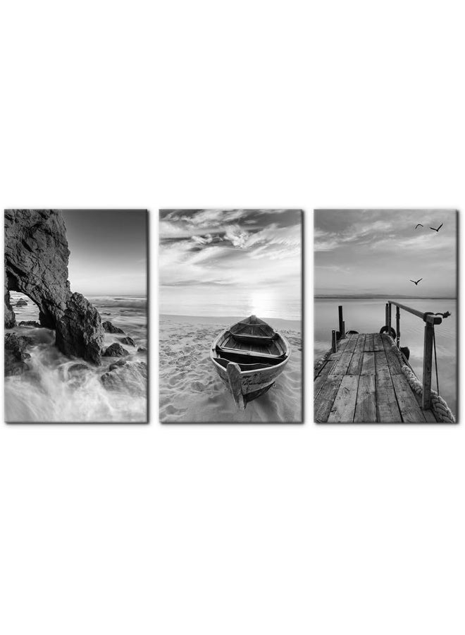 Pacimo 3 Panels Set Framed Canvas Wall Art Print for Seascape Beach and Boat Sunrise Scenery Black and White Giclee Canvas Print Modern Artwork for Wall Decor Ready to Hang - 16"x24"x3 Panels - Image 1