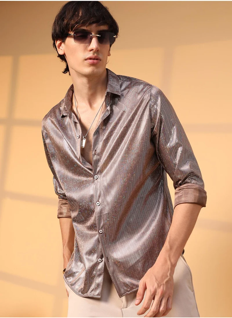 Campus Sutra Men's Metallic Brown Sheen Chevron Shirt