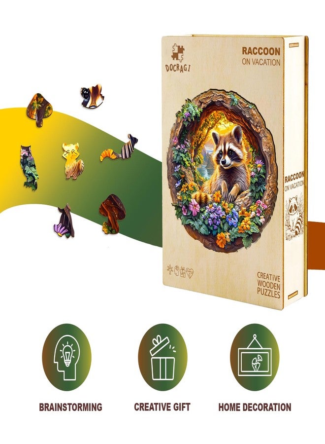 DOCRAGI Wooden Puzzles for Adults - Raccoon on Vacation Wooden Jigsaw Puzzle - Unique Animal Shaped Wood Puzzles Adult - Christmas Birthday Gifts for Adults/Friends/Family - 200pcs 11.4 * 11.3in - Image 4