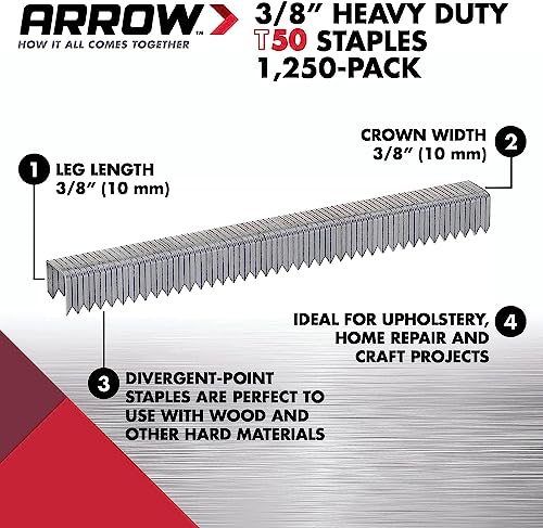 Arrow Fastener دبابيس أرو 506 T50 الثقيلة، طول الساق 3/8 بوصة، عرض التاج 3/8 بوصة، دبابيس للتنجيد، البناء، الأثاث، الحرف، عبوة 1250 - Image 2