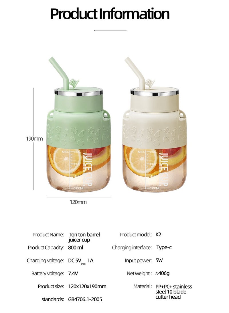 Portable Juicer Cup, Electric USB Rechargeable 800ml Blender Cup with 10 Sharp Blades, Personal Mixer Cup Juicer Bottle with Straw, for Travel Picnic Office Gym (K2 Green 800ml)  - Image 4