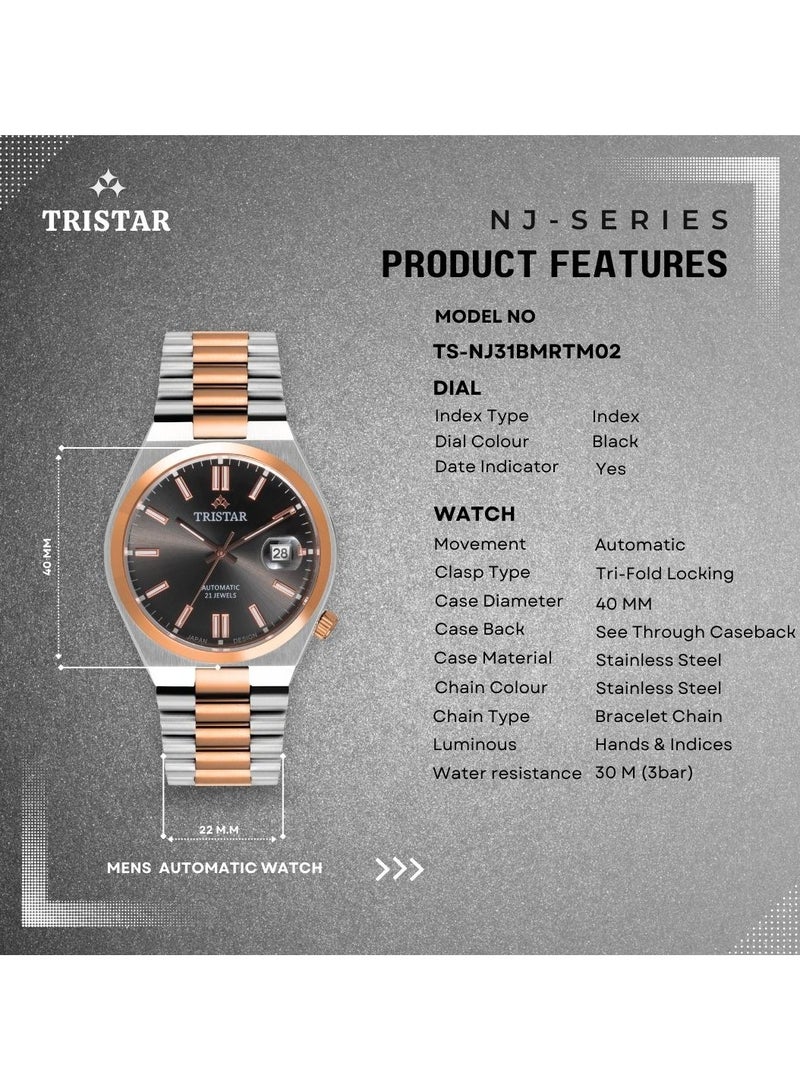 Tristar ساعة أوتوماتيكية للرجال من سلسلة تريستار NJ بقرص أسود ومؤشرات وردية ذهبية مزدوجة للمعصم - Image 3