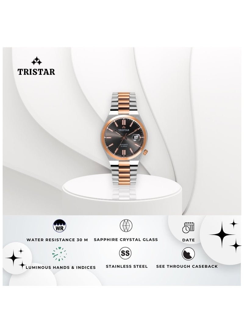 Tristar ساعة أوتوماتيكية للرجال من سلسلة تريستار NJ بقرص أسود ومؤشرات وردية ذهبية مزدوجة للمعصم - Image 4