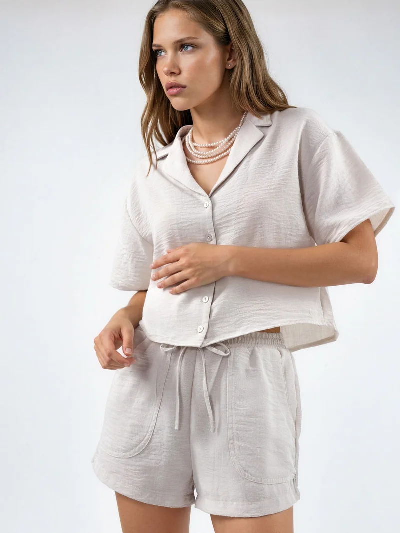 بوسيم BUSEM Mid Waist Wide Leg Shorts with Drawstring Waist