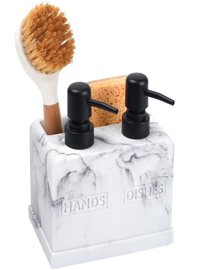 Deobath Hand and Dish Soap Dispenser Set for Kitchen Sink,Dual Soap Dispenser with Sponge Caddy and Brush Holder 4-in-1 Countertop Organizer for Kitchen Bathroom,Useful Kitchen Gadgets-White Marble Look - Image 1