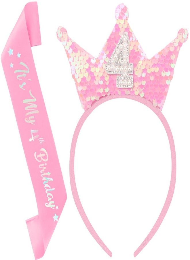 Exacoo 4th Birthday Girl Sash and Headband Set 4th Birthday decorations for Girls Sequins Pearl Princess Tiara Hairband,4 Year Old Happy Birthday Party Outfit Gifts - Image 1