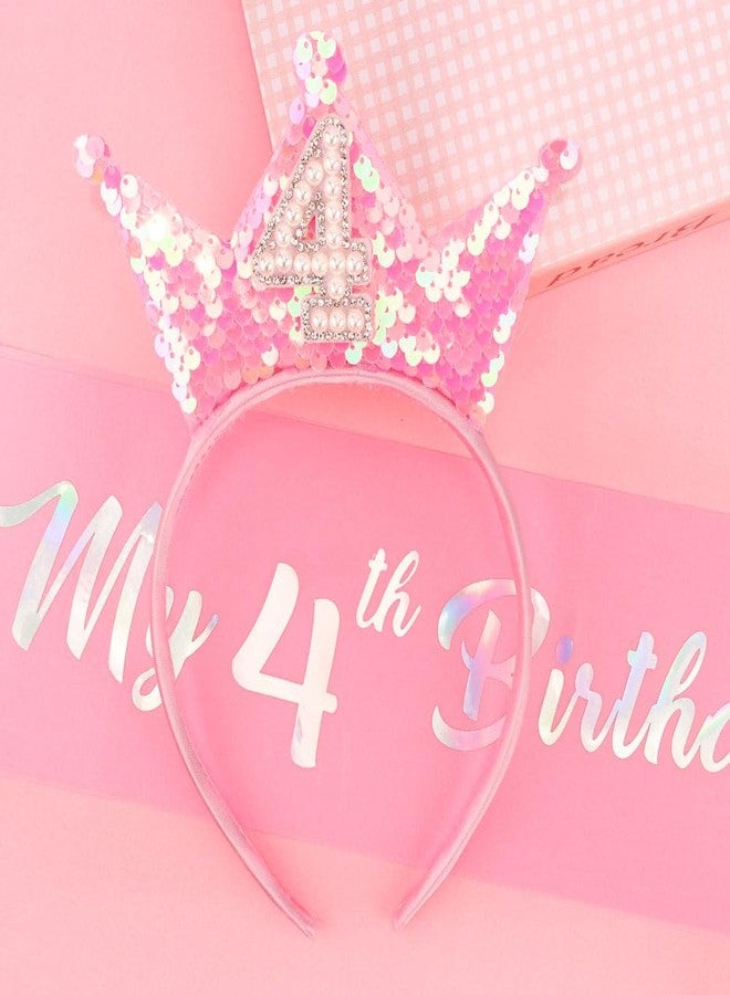 Exacoo 4th Birthday Girl Sash and Headband Set 4th Birthday decorations for Girls Sequins Pearl Princess Tiara Hairband,4 Year Old Happy Birthday Party Outfit Gifts - Image 2