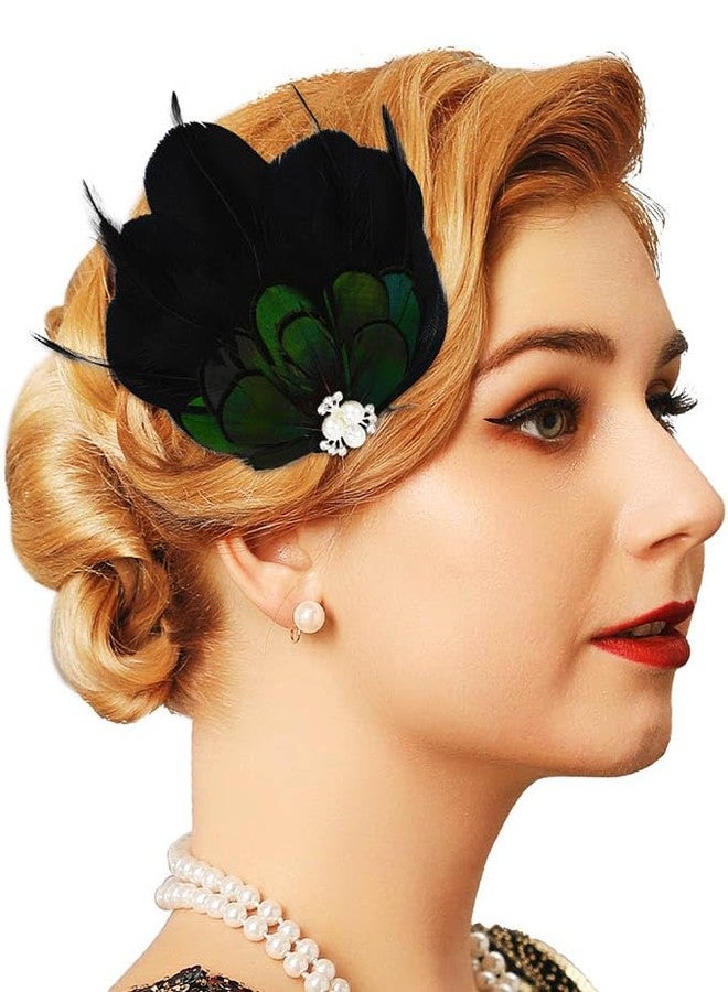 GENBREE Black Feather Hair Clip 1920s Flapper Headpiece Crystal Feather Headband Prom Party Hair Accessories for Women - Image 1