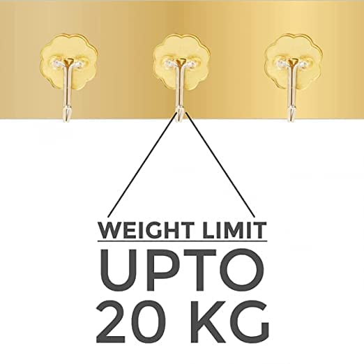 FORCE 24 Force24 - Self Adhesive Wall Hooks for Kitchen Organizer Hook for Wall Without Drilling for Home Kitchen Bathroom Bedroom Keys Bag Towels - 6 Stainless Steel Hook with Plastic Strip (Golden Pack of 1) - Image 5