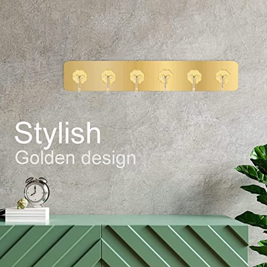 FORCE 24 Force24 - Self Adhesive Wall Hooks for Kitchen Organizer Hook for Wall Without Drilling for Home Kitchen Bathroom Bedroom Keys Bag Towels - 6 Stainless Steel Hook with Plastic Strip (Golden Pack of 1) - Image 3