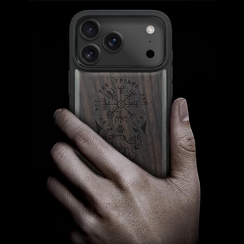 Carveit Magnetic Wooden Case for iPhone 17 Pro Max Case, Wood Artisan Engraved & Black Soft TPU Shockproof Cover, Compatible with MagSafe Wireless Chargers (The Guiding Vegvisir) Blackwood - Image 2