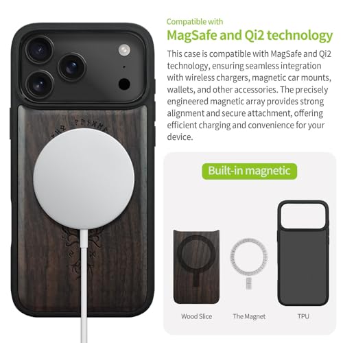 Carveit Magnetic Wooden Case for iPhone 17 Pro Max Case, Wood Artisan Engraved & Black Soft TPU Shockproof Cover, Compatible with MagSafe Wireless Chargers (The Guiding Vegvisir) Blackwood - Image 5