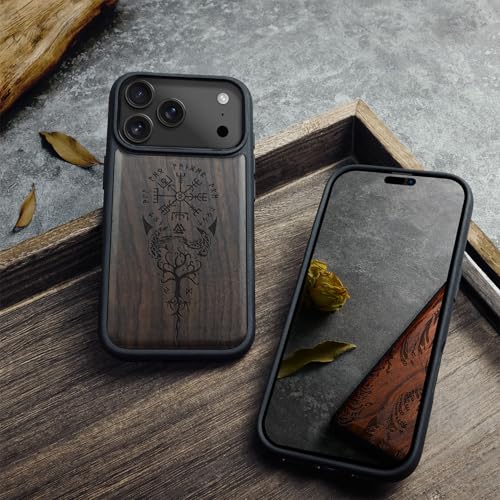 Carveit Magnetic Wooden Case for iPhone 17 Pro Max Case, Wood Artisan Engraved & Black Soft TPU Shockproof Cover, Compatible with MagSafe Wireless Chargers (The Guiding Vegvisir) Blackwood - Image 4