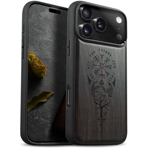 Carveit Magnetic Wooden Case for iPhone 17 Pro Max Case, Wood Artisan Engraved & Black Soft TPU Shockproof Cover, Compatible with MagSafe Wireless Chargers (The Guiding Vegvisir) Blackwood - Image 1