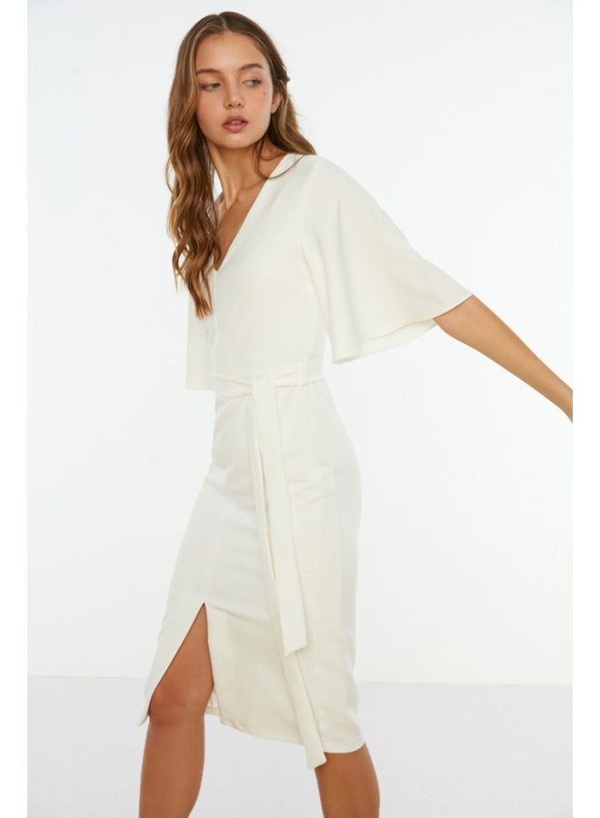trendyol Ecru Belted Fitted Slit Midi Pencil Skirt Woven Dress TOFAW19BB0167  - Image 3