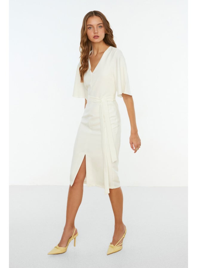 trendyol Ecru Belted Fitted Slit Midi Pencil Skirt Woven Dress TOFAW19BB0167  - Image 1