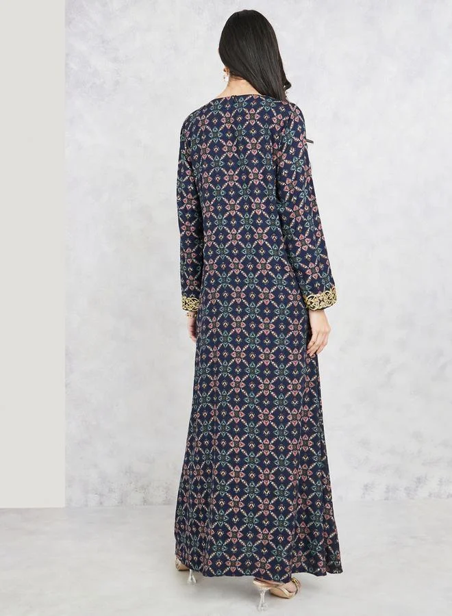 Styli Printed Jalabiya with Embroidery