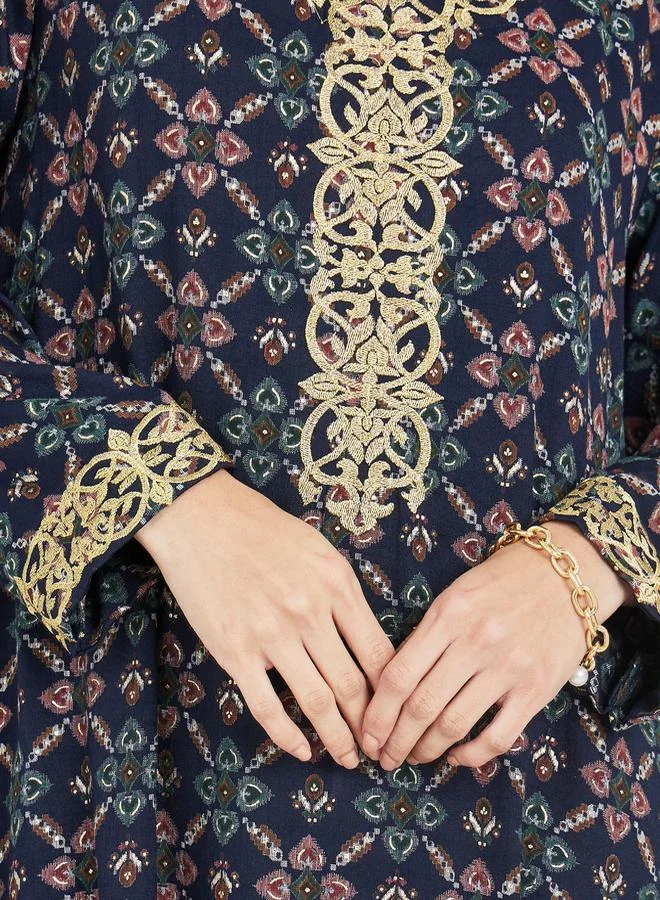 Styli Printed Jalabiya with Embroidery