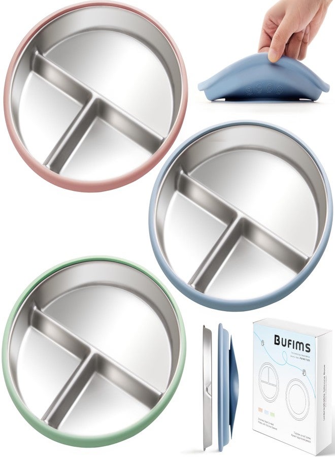 Bufims Stainless Steel baby Plates with Suction,Divided Plates with Removable Silicone Sleeves for Kids and toddler|BPA Free, Non-Toxic|Dinner&Snack Plates|Dishwasher Safe Feeding Set, 3 Pack - Image 1
