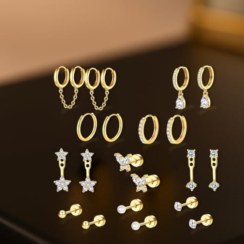 VAMA FASHIONS 10 Pair Earrings Pearl CZ Stone Anti Tarnish Piercing Bali Hoops Drop Ear Studs Hypoallergenic Lightweight Combo Set for Women & Girls (18K Gold Plated CZ Hoop Earrings) - Image 4