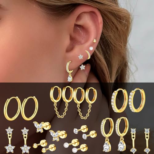 VAMA FASHIONS 10 Pair Earrings Pearl CZ Stone Anti Tarnish Piercing Bali Hoops Drop Ear Studs Hypoallergenic Lightweight Combo Set for Women & Girls (18K Gold Plated CZ Hoop Earrings) - Image 2