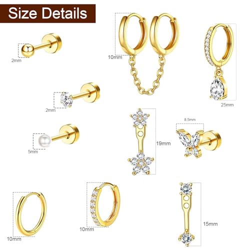 VAMA FASHIONS 10 Pair Earrings Pearl CZ Stone Anti Tarnish Piercing Bali Hoops Drop Ear Studs Hypoallergenic Lightweight Combo Set for Women & Girls (18K Gold Plated CZ Hoop Earrings) - Image 3