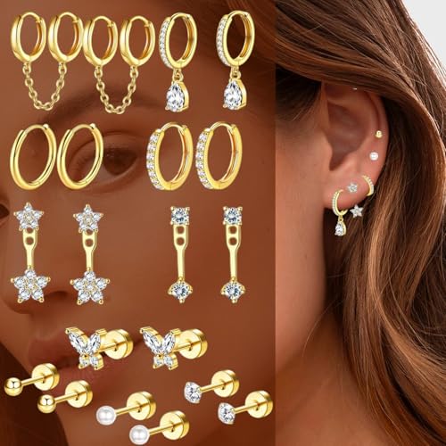 VAMA FASHIONS 10 Pair Earrings Pearl CZ Stone Anti Tarnish Piercing Bali Hoops Drop Ear Studs Hypoallergenic Lightweight Combo Set for Women & Girls (18K Gold Plated CZ Hoop Earrings) - Image 5