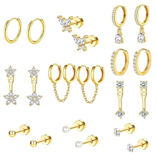 VAMA FASHIONS 10 Pair Earrings Pearl CZ Stone Anti Tarnish Piercing Bali Hoops Drop Ear Studs Hypoallergenic Lightweight Combo Set for Women & Girls (18K Gold Plated CZ Hoop Earrings) - Image 1