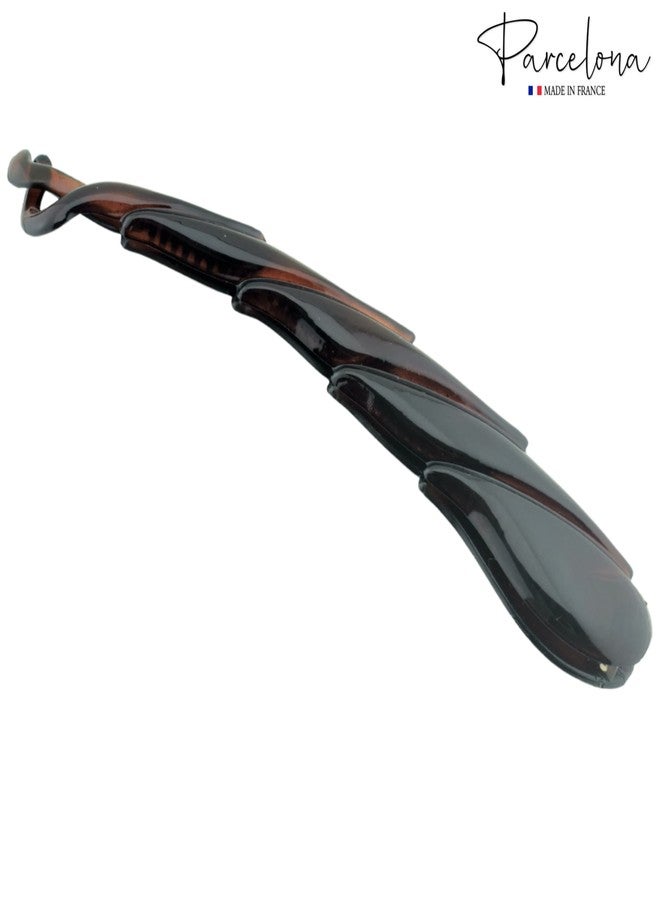 Parcelona French Curled Tortoise Shell Brown Large 6" Celluloid Acetate Ponytail Interlocking No Slip Grip Fishtail Banana Hair Clip for Women and Girls, Made in France - Image 3