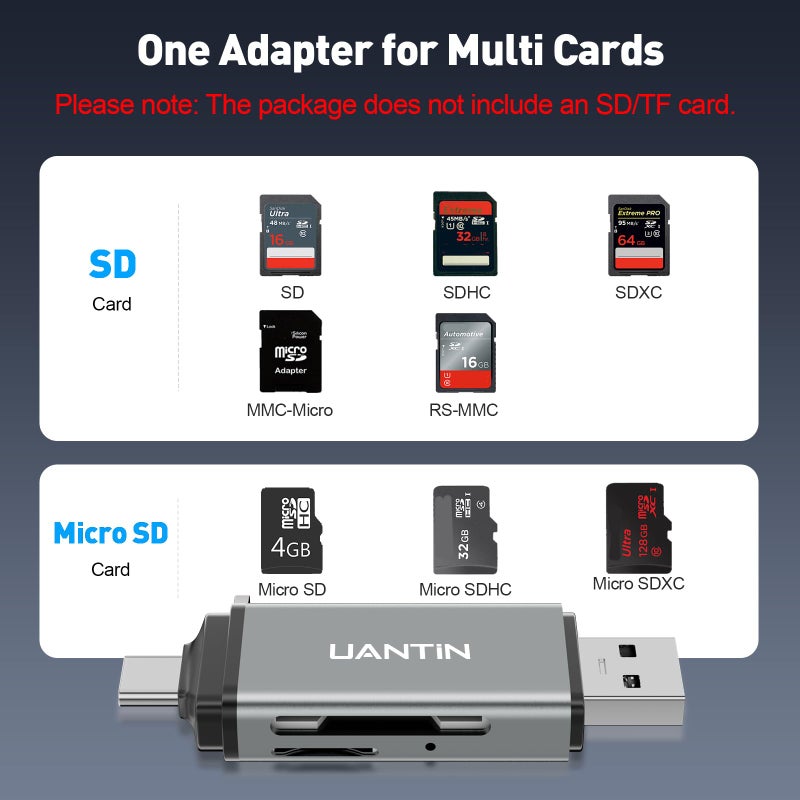 UANTIN SD Card Reader USB C, High-Speed Dual Slot Memory Card Reader, USB 3.0 to Micro SD Card Adapter for SD/MicroSD/SDHC/SDXC/MMC, Compatible with iPhone 16, MacBook Pro/Air, iPad Pro, Galaxy - Grey - Image 4