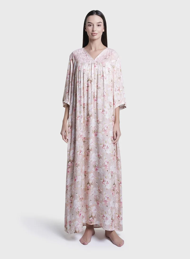 كشخة Pearl Blush Floral Print Long Nightwear Dress (CNH414)